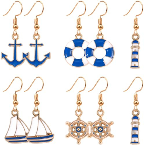 Liitata 5 pares de pendientes náuticos de ancla pendientes playa velero timón pendientes para mujer - oro