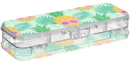 Amooorous Estuche de plástico transparente de doble capa con diseño de piña y hoja de palma, color verde, para suministros de arte con tapa a presión
