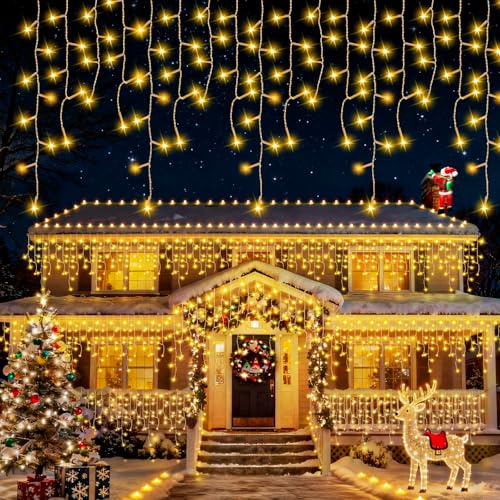 Eisregen Lichterkette Außen 16M 500 LEDs Weihnachten Lichterketten mit Timer IP65 8 Modi Lichtervorhang Fenster Weihnachtsbeleuchtung für Balkon Geländer Weihnachtsdeko Pavillon Terrasse Warmweiß