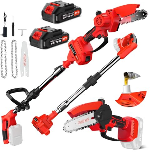 Lmozim 2-en-1 Mini Tronconneuse Telescopique a Batterie 8” Elagueuse sur Perche sans Fil avec 2 Batteries Tête Inclinable pour Tailler des Branches Hautes pour le Jardin,la Cour - Rouge