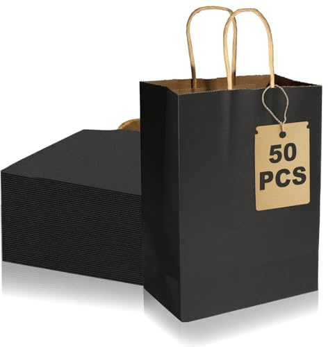 Cinquante Sacs en Papier Kraft avec Poignées 15x8x21cm, 130g/m² Sacs Cadeaux, Petits Sacs de Fête, Pochette Papier, Pochette Cadeau, Cabas pour Pâtisserie Shopping et les Fêtes de Fin d'année Noir