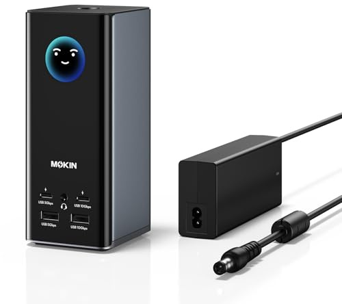 LCD dockningsstation 3 bildskärmar, MOKN 18-i-1 USB C trippelskärm | Dockningsstation med 3x HDMI, 2x DP, 150 W Max, smart skärm, triple 4K 60 Hz, 10 Gbps USB-portar, Ethernet, för bärbar dator