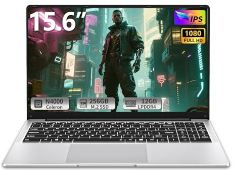 Ordenador Portátil 15,6 Pulgadas, PC Portátil Celeron N4000, 12GB RAM 256GB SSD, Laptop Pantalla FHD IPS Abatible 180°, Mini HDMI, USB 3.0, WiFi 5, Computadora Portátil Delgada para Estudiantes
