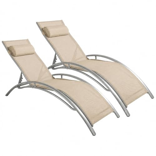 Set 2 Lettini Prendisole Reclinabili Da Giardino Con Schienale Regolabile 5 Posizioni In Textilene Traspirante Per Piscina Terrazza Relax Outdoor 59 x 158 x 81.5 Cm Beige