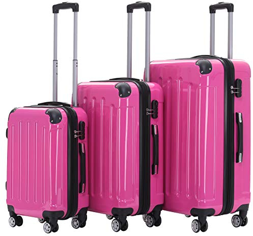 BEIBYE- 3er Kofferset Hartschalen-Koffer Reisekoffer Trolley Rollkoffer Set Reisekofferset (Pink)