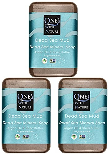 One With Nature Dead Sea Mineral Mud Soap Bar, 7 oz, Fragrance Free, Shea Butter, Argan Oil, Magnesium, Sulfur, 21 Minerals, Soothes Skin, Exfoliates
