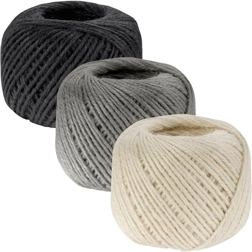 JubileeYarn Crafty Jute Twine String Jute for Artwork, DIY Crafts, and Gift Wrapping - 675 feet (205 Meters), 2 millimeters Thick - One Ball Each of Black, Grey, and White