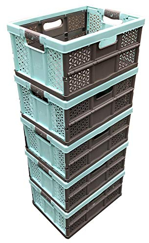 keeeper 5 x 32 Litre Extra Strong Folding Plastic Stacking Storage Crates Box - 30KG LOAD CAPACITY PER BOX - SOFT HANDLES - GREAT VALUE