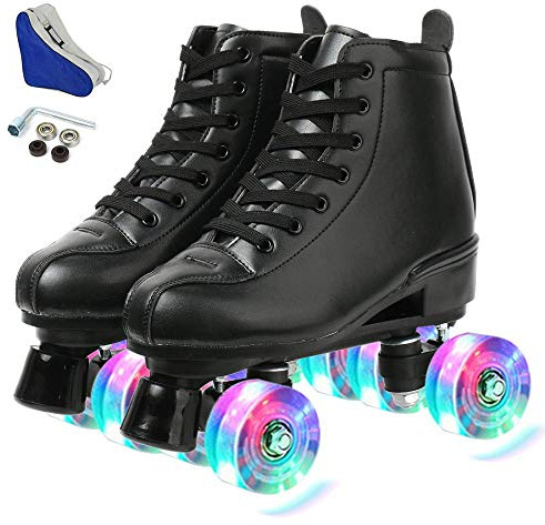 KALINU Women's Roller Skates PU Leather High-top RollerSkates Four-Wheel Roller Skates Shiny Roller Derby Skates for Girls (Black flash wheel,37)