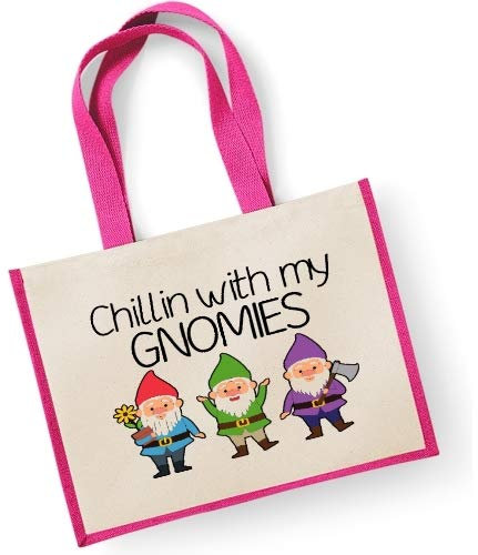 Garden Gnome Large Jute Shopper Bag -Chillin With My Gnomies (Pink)