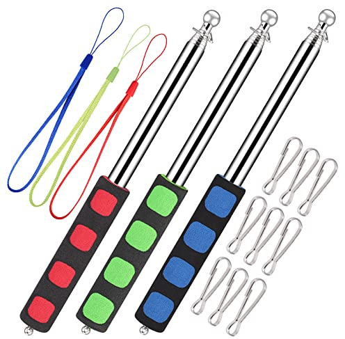 3pcs Telescopic Flag Pole, Portable Telescopic Pole for Camping with Lanyard and 9 Clips, 1.6m Flag Poles Telescopic Stick for Tourist Guide Camping Travelling Presentation Pointer (Red, Green, Blue)