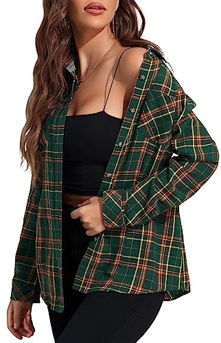KevaMolly Chemises en flanelle à carreaux pour femme - Coupe ample - Chemise Boyfriend - Boutonnière - Manches longues - Décontractée - Chemisier en flanelle, Vert/orange, L
