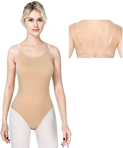Mulnall Ballet Undergarments for Girls and Women Nude Dance Leotard Seamless Gymnastic Underwear with Adjustable Clear Straps(8A14)