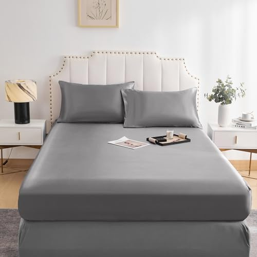 DuShow Satin Fitted Sheet,Silky Deep Pocket Satin Bed Sheets,Breathable Satin Sheets Single,Fitted Sheet Only(Dark Grey,Single)