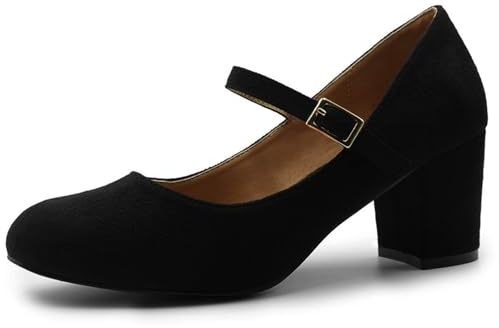 Womens Mid Block Heels Mary Jane Ankle Strap Court Shoes Ladies Comfort Work Pumps Formal Smart Office Low Heeled Strappy Slip On Dolly Shoes Black Faux Suede