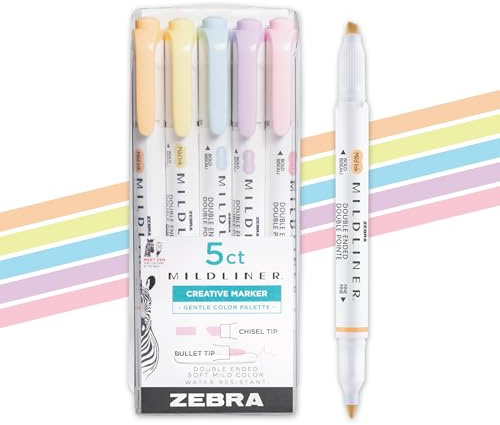 Zebra Pen Mildliner Dual-Tip Highlighter Set, Broad and Fine Point Tips, No Bleed, Ideal for Bible Highlighting, Journaling, School and Office Supplies, Assorted Gentle Ink Colors, 5-Pack (78705)
