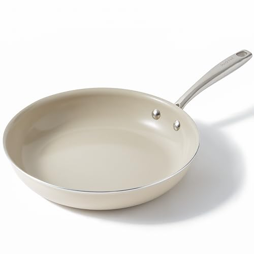 Redchef Pfanne Induktion 28cm, Antihaft Beschichtung Keramikbeschichtung Bratpfannen, Antihaft-Pfannen mit Edelstahlgriff, PTFE-frei PFOA-frei PFAS-frei, Backofenfest, Spülmaschinenfest (beige weiß)