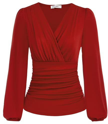 GRACE KARIN Women Long Sleeve Tops Ruched Tunic Blouses Casual Top Shirts | Long Lantern Sleeves Vintage Smart Casual Office Wear Blouses Slim Fit Soft Stretch for Daily Party Outfit