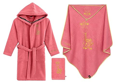 Aymando Baby Wellness Set 3-teilig | Bademantel, Kapuzenhandtuch und Waschlappen mit Gold gestickten Tiermotiven in Premium Qualität aus 100% Baumwolle | Giraffe, Größe 86-92, Rosa-Gold