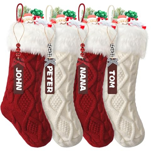 SOMYTING 4 Stück Weihnachtsstrumpf Gestrickte Wolle Weihnachtsstrumpfe mit Namensschildern Weihnachtssocken Deko Christmas Stockings für Weihnachtsfeier Weihnachtsdekorationen und Kindergeschenke