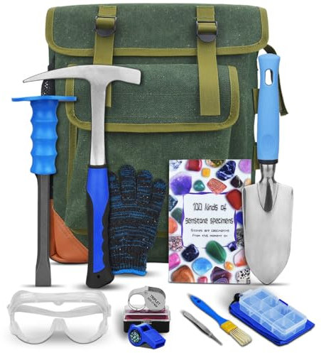 13-Piece Set - Geological Rock Pick Hammer Kit, Rockhound Field Guide - Backpack Portable Chisel and 22-Ounce Hammer Set - Suitable for gold mining, rockhounding - Gift for children and adults. (blue)