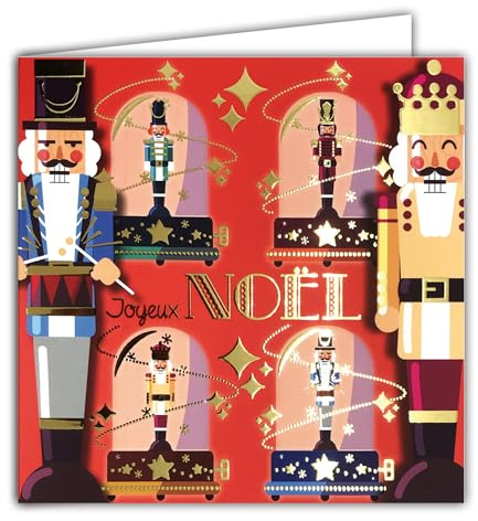 Merry Christmas Square Card in Shiny Gold with White Envelope 15 x 15 cm – Nutcracker King Prince Ballet Fairy Dancer Star Tchaikovsky Music Box End of Year Party – Made in France