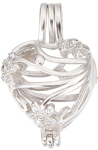 Beebeecraft 1 boîte de 1 Cages en Forme de Cœur en Argent Sterling avec Zircon Cubique Transparent Amour avec Fleur Perle Vierge Boule Creuse Pendentif Breloques pour Bijoux Loisirs Créatifs