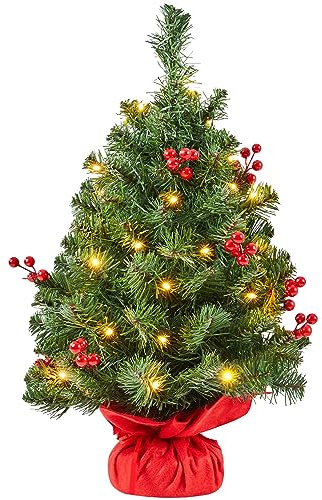 Yaheetech 60cm Mini Künstlicher Weihnachtsbaum mit 35 Warmweiß LEDs, Grün | Kleiner Tischbaum Tannenbaum Christbaum mit 40 Roten Beeren Deko für Weihnachten