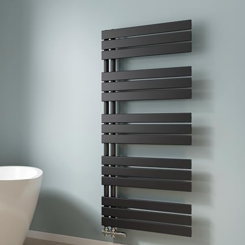 EMKE Scaldasalviette termoarredo piatto, Termoarredo da Bagno, 1320 x 600 mm, Nero colore, collegamento laterale, 798W, radiatore scaldasalviette ad acqua calda