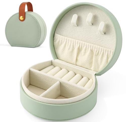 Neveika Tragbare Mini-Schmuckschatulle für Reisen, kleines Schmuckkästchen mit Tragegriff oben, Leder-Schmuck-Ring-Organizer, Etui für Mädchen, Frauen, Ohrringe, Halskette, Ringe, Armbänder (grün).