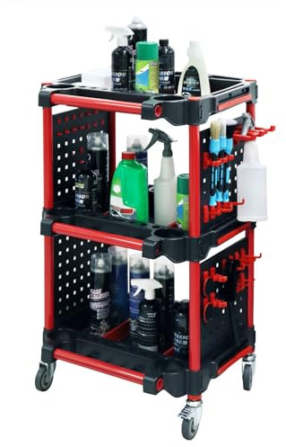 3-Tier Auto Detailing Cart With Wheels, Rolling Detail Unit With 4 Side Hanging Plates & Hooks for Detailers Garage, Workshop, Repair Shop, Storage Tool