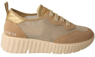 WEEKEND by Pedro Miralles - Zapatos Sneakers de Piel con cordón elástico,de cuña,Suela Blanca de Goma,Rejilla,Calado, para: Mujer Color: Oro Talla:39