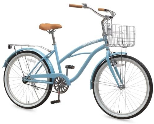 ACEGER 24 26 Inch Women Beach Cruiser Bike, Single Speed and 7 Speed, Adult Hybrid Bike Commuter Bicycle, Hi-Ten Steel Frame with Adjustable Handlebar and Saddle, Multiple Colors