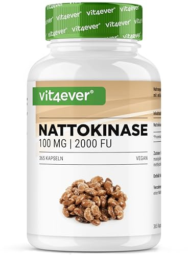 vit4ever Nattokinase - 365 Kapseln - 100mg (20.000 FU/g) - GMO-frei | 12 Monatsvorrat - Reines Natto aus Soja - Ohne unnötige Zusätze - Laborgeprüft - Vegan