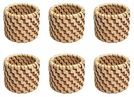 Mokylor Rattan-Serviettenringe, 6er-Set, Bauernhaus-Rattan-Serviettenringe, Tischdekoration, Rustikaler Gewebter Serviettenringhalter für Thanksgiving, Weihnachten, Party-Dekoration,(Kräftiges Holz)
