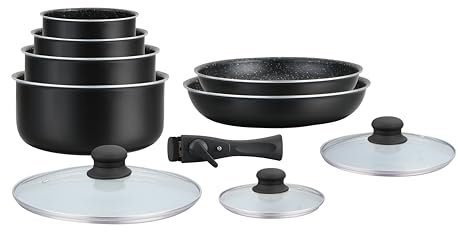 HAGEN, Batterie de cuisine revêtement pierre, Manche amovible, 10 pieces, Noir, Revêtement anti-adhésif, Tous les types de feux, y compris l'induction, HA04630