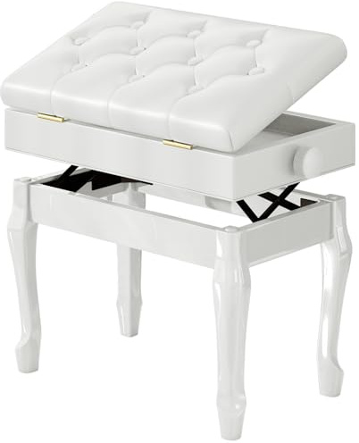 Jargrovs Piano Stool,10 Button Piano Bench Made of Thickened PU Leather,Piano Bench Adjustable Height Made of Solid Wood with Curved Legs,White Piano Stool with Storage,Piano Chair