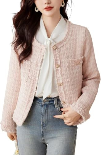 Cappotto da Donna Vintage in Tweed a Maniche Lunghe con Bottoni Giacca Casual Cappotto Corto Sottile Top Cardigan Manica Lunga Blazer Elegante Cappotto a Pieghe Senza Colletto