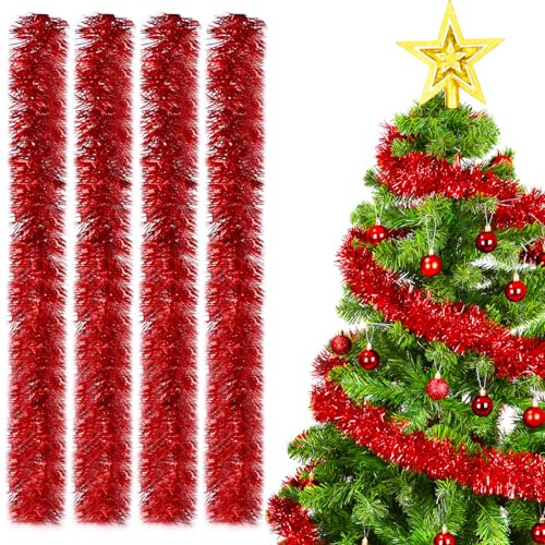 SinLaw Weihnachtsgirlanden,4pcs Weihnachten Lametta Girlande,Rot Tannengirlande,3m Lametta Weihnachtsbaum,Weihnachtsbaumschmuck Girlande für Weihnachtsbaum Weihnachtsfeier