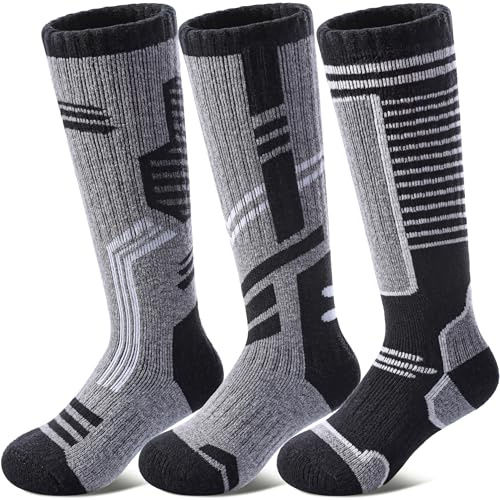 DOSKONI Kids Merino Wool Ski Socks Boys Girls Thermal Winter Warm Thick Cozy Socks for Skiing Snowboarding 3 Pairs Splicing Black Grey,4-7 Year Old