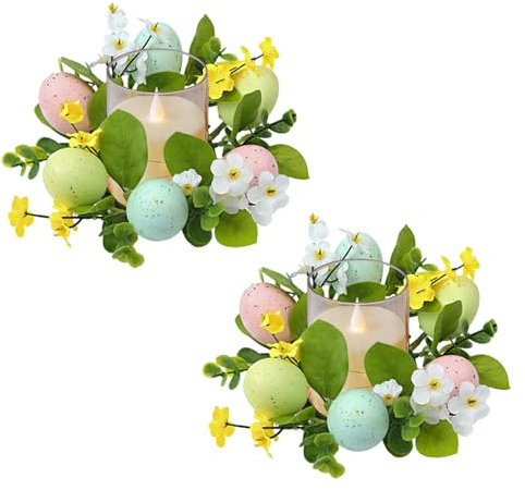 2 Stück Osterdeko Kerzenringe, Osterkranz Kerzenkranz Künstlicher Ostern Kerzenring mit Ostereier Frühlingskranz Kerzengirlande Haustür Eiergirlande Ostergirlande für Ostern Tischdeko Party Deko (A)