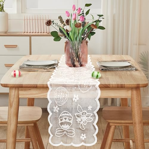 Easter Lace Table Cloth Runner, FainFun Ostertischläufer 183*33CM, Ostern Tischläufer Kaninchen, Frühling Esstisch Dekoration, für die Drinnen Urlaub Party Dekor, Wohnzimmer (Weiß)