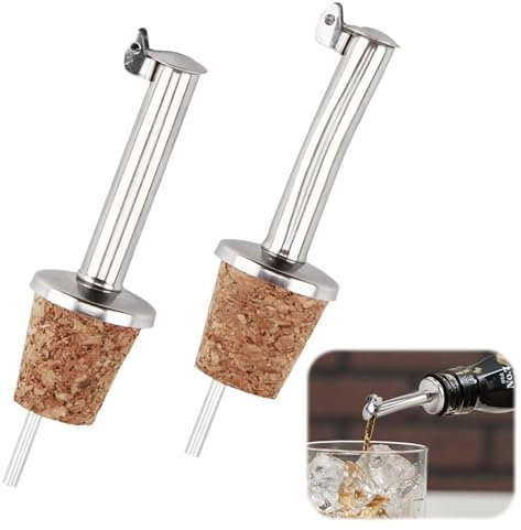 Smomend 2 Piezas Vertedores de Botellas Corcho, Una Boca Recta y Una Boca Curva Dosificador Aceite, Vertedor de Vino, Dispensador de Líquidos con Corcho Natural y Solapa de Acero Inoxidable