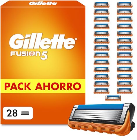 Gillette Fusion5 Cuchillas de Afeitar Hombre, Pack de 28 - Recambios para Maquinillas de Afeitar con 5 Hojas, Banda de Gel Lubricante Y Recortadora de Precisión