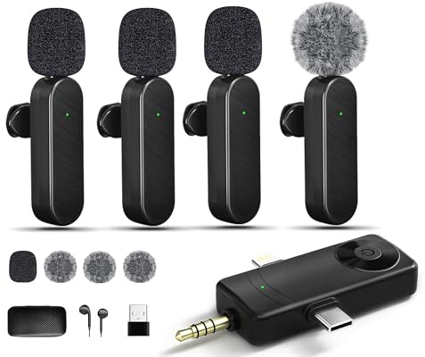 Gicorino Wireless Lavalier Microphones Compatible for iPhone, Android Phone, Camera, Computer, Professional Wireless Mini Microphone for Video Recording, Vlog, YouTube, TikTok (4 Mics)