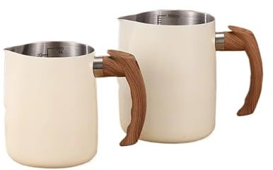 WENYOG Pot à Lait Pichet à Mousse de Lait 600/900ML, avec échelle précise, Manche en Bois, Bec sans Goutte, Tasse à café au Lait en Acier Inoxydable, café(600ML,White)