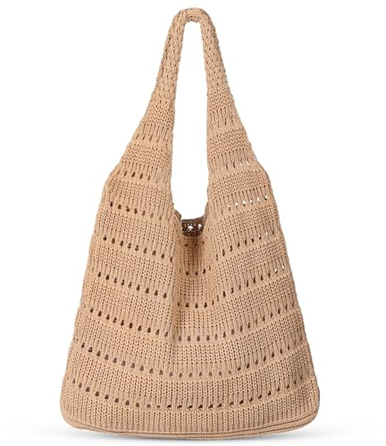 Etercycle Häkel-Tragetasche, Netz-Strandtasche für Damen, Strick, Sommer, Hobo-Tasche, Urlaub, Boho-Tragetasche, Braun-Gelb, L, Böhmisch