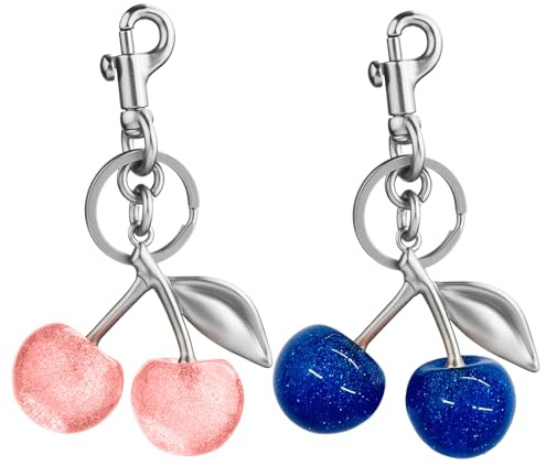 DOINEUFL 2PCS Kirschen Bag Charms Taschenanhänger, Taschen Anhänger Damen Keychain für Modischer Taschen, Handtaschen, Schlüssel Accessoire (Silberblau Silberrosa)