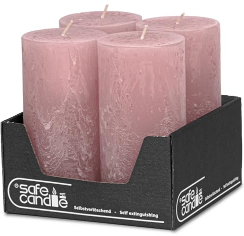 DecoLite Stumpenkerzen Rustik 14 x 7 cm, 69h, 4er Set, Antikrosa | Made in Germany, RAL-geprüft, selbstverlöschend, durchgefärbt, ruß- & tropffrei, Kerzen für Advent, Hochzeit & Gastronomie
