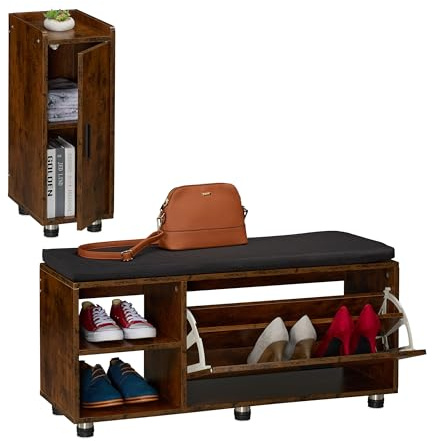 Relaxdays Banco Zapatero con Asiento y Armario, Set de 2, Banqueta para Pasillo, Dormitorio, Espacio Almacenaje, Negro